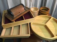 Six wood kitchen pieces including bread box, divided tray, compartment tray, and coasters