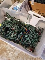 Photo of clear tote box containing tangled green wire Christmas string lights with multicolored bulbs