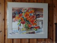 Full view of framed watercolor painting showing floral still life and overall condition