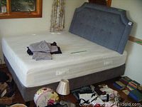 Full view of queen size adjustable bed with foam mattress and upholstered headboard