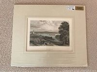 Overall image of framed and matted antiquarian print showing landscape and mount.