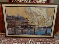 Full frontal photo of the framed print showing the local port scene with boats and overlaid nautical map.