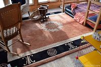 Wide view of rust-colored area rug under furniture showing central medallion and border