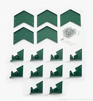 Green-coated metal brackets of various shapes arranged on white surface including corner brackets, triangular brackets with mechanisms, and screws laid out separately.