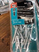 Package label showing Bulldog Hardware WS-90 wood screws, size #6 x 1-1/4 inch, zinc plated, quantity 18 per package.