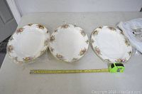 Three oval dishes with floral rose patterns and gold trim laid flat on table with measuring tape showing length