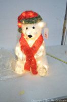 Photo of a 22-inch tall lighted polar bear decoration with a red scarf and green hat. The bear is internally lit with white lights and has black eyes and nose.