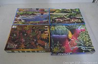 Photo showing four jigsaw puzzle boxes arranged together on a table: three 300-piece puzzles and one 500-piece puzzle, with colorful images on the boxes including underwater scenes, countryside, forest, and hot air balloons.