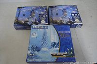Photo showing two boxes of Trina Steyn 100-light outdoor net light sets side by side, blue packaging with clear bulbs.