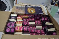 Box filled with many bundles of yarn for latch hook kit, showing brand and labels clearly