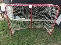 Full view of the red metal hockey net with white netting on grass.