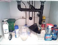 Photo showing the assorted cleaning supplies including fire extinguisher, Windex, dish washing liquid, gloves, funnel, and sponges arranged under the kitchen sink
