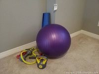 Photo showing blue yoga mat, purple fitness ball, red and grey free weights, yellow and black kettlebell, yellow resistance band, and red pump.