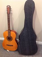 Photo of the vintage Eko Studio L guitar standing next to a black reptile-pattern guitar case.