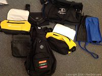 Full lot display showing six bags of various styles and colors on carpet.