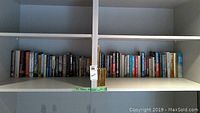 Two photos showing shelves filled with books of various genres including drama, crime, travel, history, and romance.