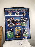 Full view of framed 1992 World Champions picture showing the collage of the Toronto Blue Jays players, team logos, Canadian flag, and the World Series trophy image.