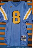 Front view of light blue UCLA football jersey with number 8 and Russell Athletic logo.