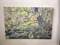Full front view of the original floral painting of branches with pink flowers on a yellow-green background, artist signed Watson 2009, measuring 36x24 inches.