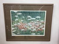Full view of framed etching 'Summer Lace' showing floral abstract in colors with frame and mat.