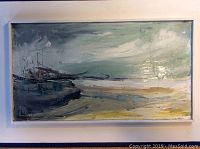 Full frontal photo of the abstract oil painting on board depicting fish huts in a moody coastal landscape. Shows color, frame, and composition.