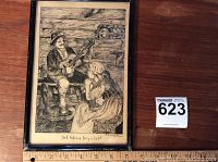 Full view of framed original ink drawing showing a man playing guitar to a seated woman in rustic interior, size approx 10.5x7 inches