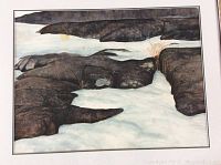 Watercolour landscape painting showing dark rocks and flowing snow or water with matting and frame visible.