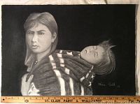 Full view of the original charcoal portrait showing indigenous man carrying sleeping child wrapped in star patterned blanket.