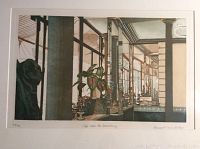 Numbered print showing the interior of a cafe with plants, columns, and architectural details, signed by Frances St. Clair Miller, titled at bottom center.