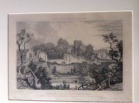Photo of the antique engraving showing scenic view of Winchester city ruins and nature, framed with cream-colored mat and black frame