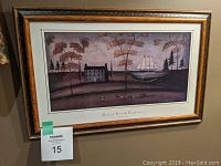 Framed folk art painting by Mary Beth Baxter depicting rural scene with house, ship, trees, and cows; with auction lot tag visible