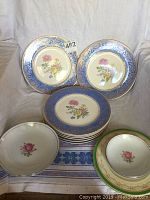 Photo showing the complete vintage dinnerware set including eight blue edged large plates with gold gilding and central floral patterns, four rose design medium bowls, three matching smaller bowls, and two mint green and gold plates with rose centers.