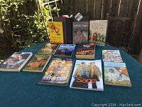 Photo showing twelve books laid out on a green cloth with wooden fence background, variety of titles and covers visible