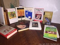 Lot of thirteen books standing and laid flat, featuring Spanish fiction and Spanish/English Spain travel guides arranged on a wooden table.