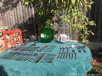 Flatware items arranged on a green outdoor tablecloth showing dinner forks, salad forks, knives, teaspoons, tablespoons, soup spoons, cocktail forks, and serving utensils, plus the wire hanging basket, green plastic bowl, and fire engine mug.