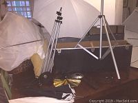 Five lighting umbrellas, tripods, cords, collars and 6-inch strobe lights arranged on table