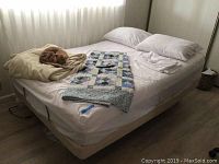 Full size adjustable bed with linens and pillows; cat present on bed but not included.