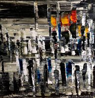 Overall front view of unframed abstract painting on wall