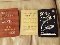 Three vintage books together: The Grapes of Wrath, The Book of the Dead, and Son of the Sun.