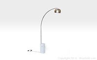 Full view of floor lamp showing curved chrome arm, dome shade and marble base