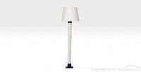 Full view of floor lamp with tapered white shade on slim white column with black square base against white background.