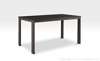 Dark wood extendable dining table angled front view showing rectangular top and four square legs.