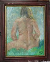 Framed oil painting of a nude female figure from the back, seated on grass, signed by Rudolf Francis.