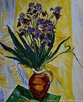 Front view of the painting showing dark purple iris flowers in a brown vase with a yellow and blue backdrop.