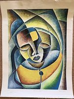 Full view of the unframed artist proof print showing the abstract cubist style face with tears and color palette.