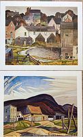Print featuring a detailed village scene with various houses, fences, a pond, and a man with an axe.