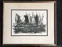 Framed black and white abstract print of sailing ships, viewed full front showing frame and matting.