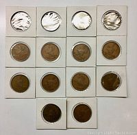14 Irish Éire Ann coins in cardboard holders arranged in rows showing both obverse and reverse sides