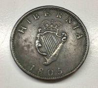 Close-up photo of 1805 Hibernia coin showing crowned harp and date.