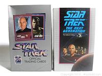 Image of full box of Star Trek Official Trading Cards 1991 showing front artwork and included booklet for The Next Generation
